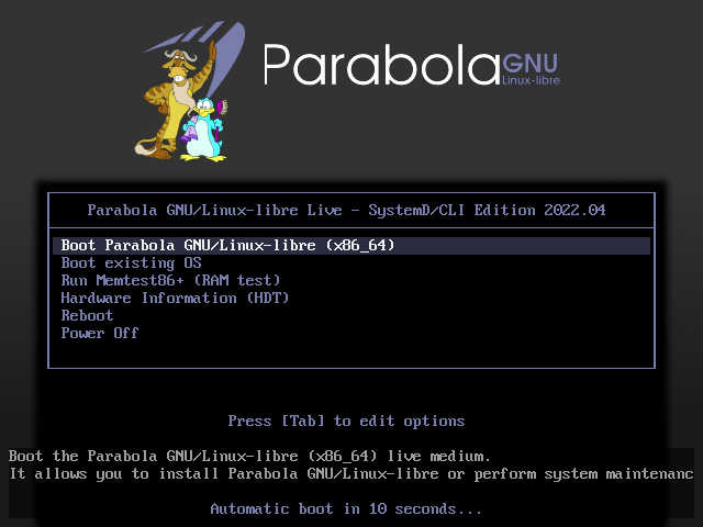 Parabola LiveCD ブート画面